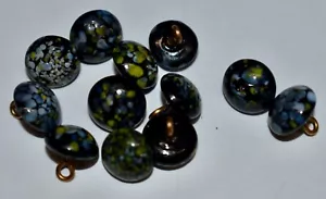 VINTAGE 12 PAINTED JAPANESE GLASS BUTTONS• 9mm • BLACK with mottled blue yellow - Picture 1 of 3