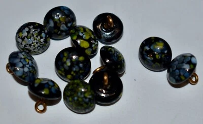 VINTAGE 12 PAINTED JAPANESE GLASS BUTTONS• 9mm • BLACK with mottled blue yellow  - Image 1 of 3