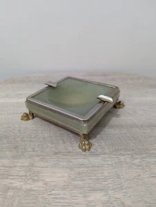 Vintage Italian Green Onyx Ashtray Brass Trim Double Slot VGC MCM - Picture 1 of 11