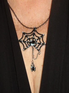 19 1/2"  Dangle Halloween Black Chain Spider Web and Rhinestone Spider Necklace - Picture 1 of 12
