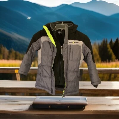 Zero X Posur Boys Coat Size 7  Gray Inner Zipper Reflecting Stripes Hoodie Warm - Image 1 of 4