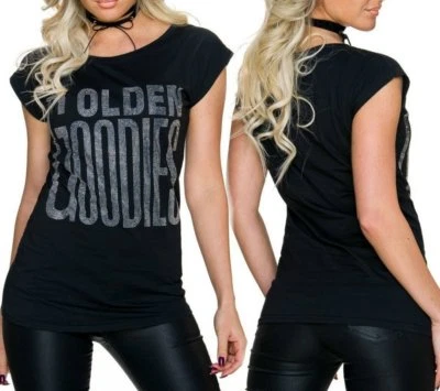 Sexy Ladies short Sleeve Shirt Glitter Rhinestone Print Top S/M 34/36 L/XL 38/40 - Image 1 of 4