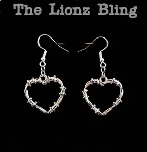 Punk Rock Emo Goth Barbed Wire Heart Dangle Earrings - 1 3/4" Drop - Picture 1 of 1