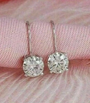 2.0Ct Round Real Moissanite Drop/Dangle Solitaire Earring 14K White Gold Plated - Image 1 of 4