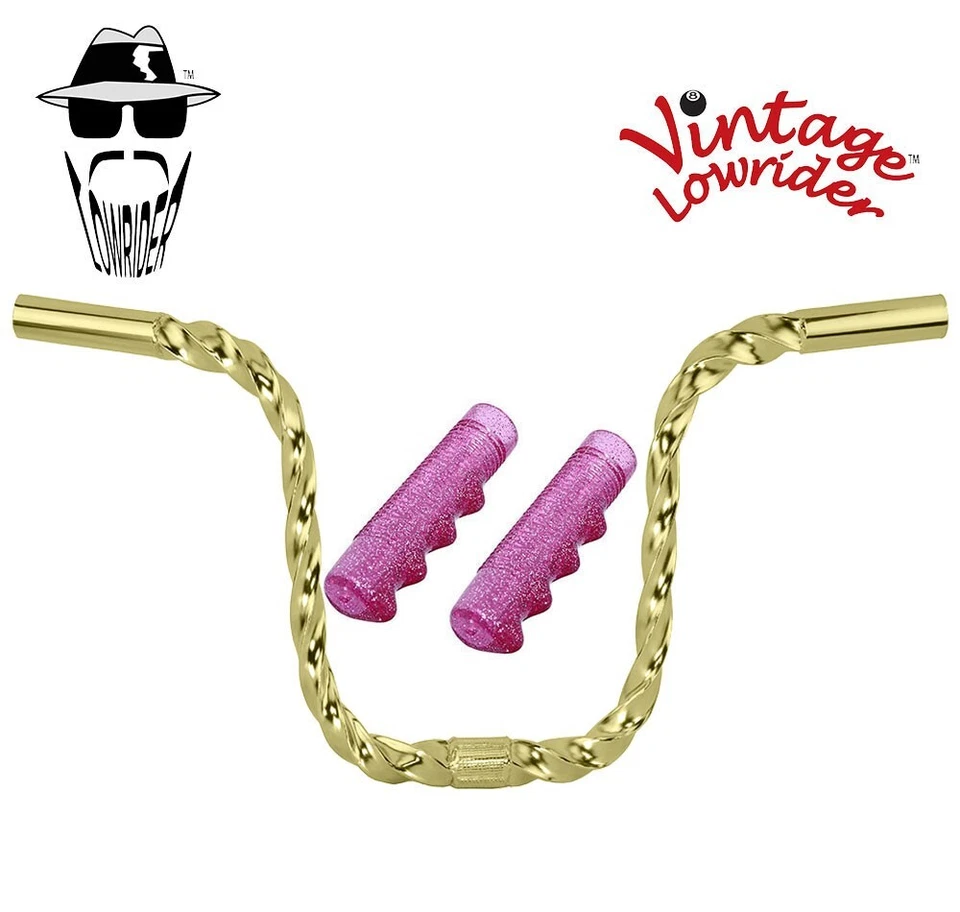 Manillar Lowrider 9" cuadrado retorcido dorado U de colección empuñaduras SPARKLE 25,4 mm y 120 mm. Foto 1 de 1