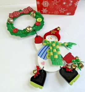PUERTA MUÑECO DE NIEVE JINGLER madera y campanas decoración navideña vintage / - Imagen 1 de 10
