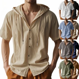 Freizeit Kapuzenhemd Herren Kapuzenhemd Brandneu Sommer Leinen Kurze Ärmel S-3XL - Bild 1 von 32