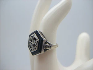 Original Art Deco 1930s Sterling Silver Black Onyx Faux Stone Ring, Germany - Picture 1 of 24