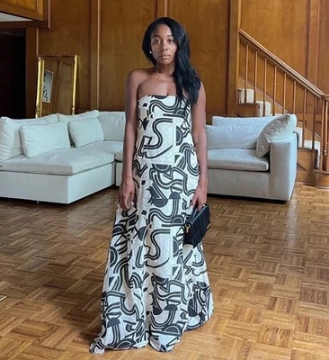 Dissh Maxi Dress Size AU 12/US 8 Beige Black Geometric Linen Vacation Strapless - Image 1 of 4