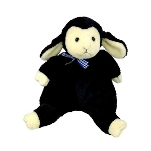 Gund “Lindy” Black Cream Plush Lamb Baby Sheep Beanie 3669 Blue Gingham Bow 8" - Picture 1 of 6