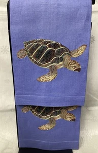 New Anali Marine Blue Linen Guest Towels Exquisitely Embroidered Sea Turtle Pair - Picture 1 of 3