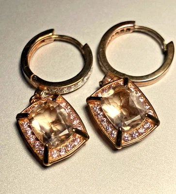 Cushion Cut Simulated Peach Morganite Earrings .925 Sterling Rose Gold Plated - Image 1 of 4