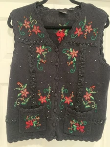 Chaleco de Navidad Erika Vintage Talla L Vacaciones Poinsettia Negro Rojo - Imagen 1 de 5