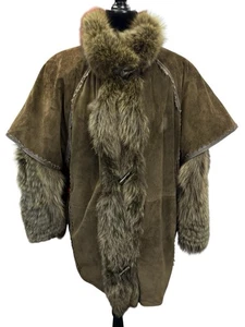 Toppolino VTG Suede Fur Trim Coat Olive Green sz M Relaxed Fit Winter Jacket - Picture 1 of 13