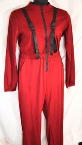 women's burgundy knit jumpsuit romper size medium long sleeves elastic hem - Picture 1 of 13