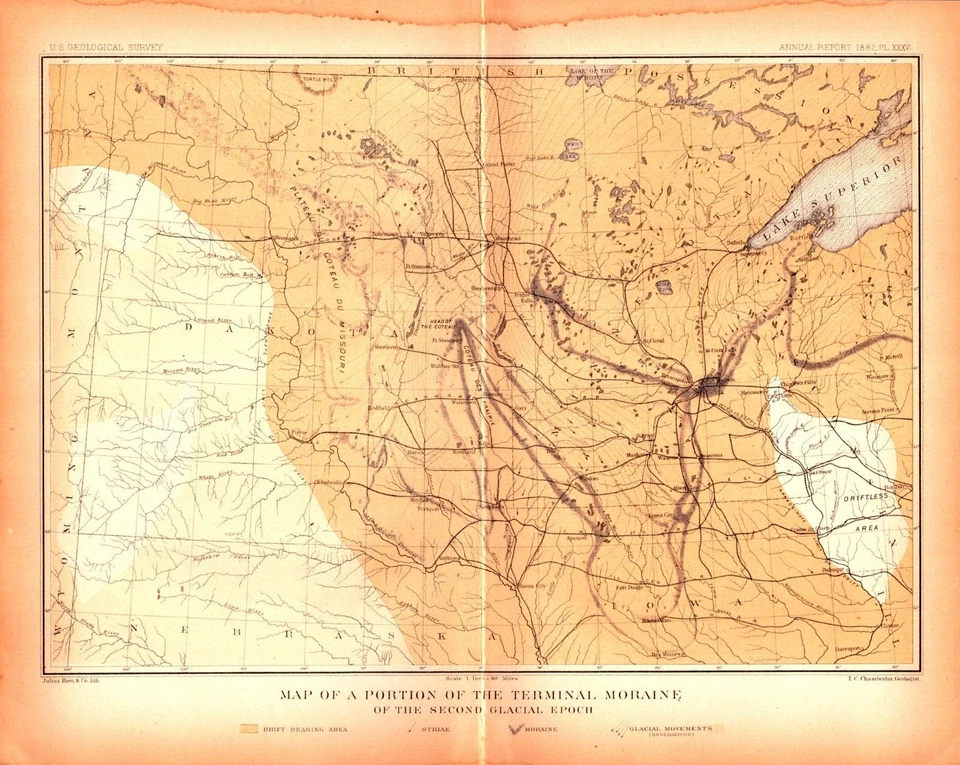 DAKOTA, MINNESOTA, IOWA, GEOLOGY Antique original Map 1883 - Image 1 of 1