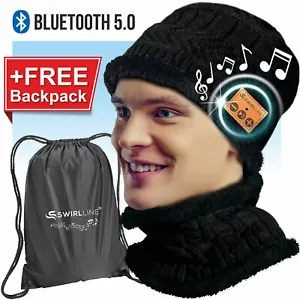 Bluetooth Beanie Mütze und Schal Set Kabellose Kopfhörer für Herren und Damen Schwarz - Bild 1 von 8