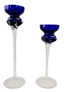 Hand Blown Romanian Cobalt Blue Candlestick Holders Clear Twisted Stem 2Pc Lot - Picture 1 of 13