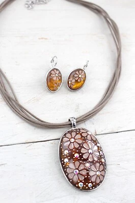 STRASS Schmuck Set, Halskette + Ohrhänger, Modesteine/Strass,Blümchen braun NEU - Bild 1 von 3