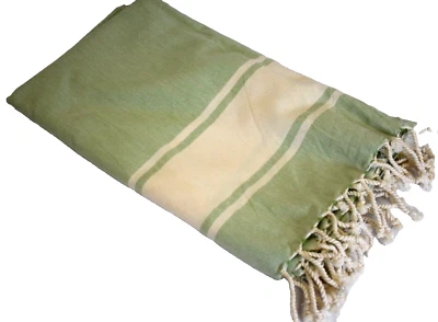 Turkish Cotton Bath Towel Green w Off White Stripes and Tassels 66" x 38" New - Image 1 of 4