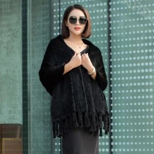 Damen echtes Nerzfell Schal Wraps Poncho Umhang Mantel Tippet mit Tasche schwarz - Bild 1 von 6
