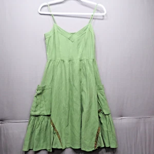 FREE PEOPLE SZ 4 GREEN SILK LINEN SMOCKED RUFFLED POCKET TRIM SUNDRESS WOMENS - Picture 1 of 12