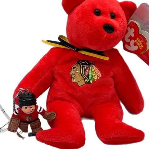 Chicago Blackhawks Beanie Babies Red Hockey Bear w/ Vintage Sports Brat Keychain Cover