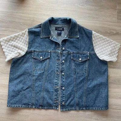 Vintage 90s Denim Button Up with White Textured Sleeves Retro Cottage Biker Chic - Image 1 of 4