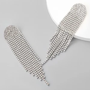 Chiaro strass ciondola orecchini forati extra lungo nappa argento tonico goccia - Foto 1 di 4