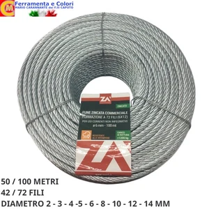 Fune Cavo Corda Acciaio ZINCATO Bobina Rotolo 50-100 Metri 42-72 Filo Ø 2-14 mm - Foto 1 di 10