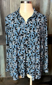 Lane Bryant Cornflower Blue Black White Floral Tunic Button Up Top 18 20 2XL - Picture 1 of 5