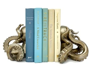 Detailed Octopus Shaped Bookends - Set of 2 Golden Silver Resin, Durable - Picture 1 of 13