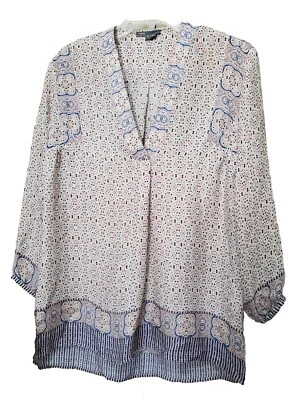 vince. 100% Silk V-Neck 3/4 Sleeve Geo Print Popover Blouse Size 4 - Imagem 1 de 4