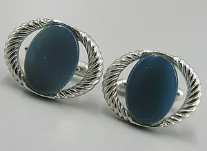 Mens Vintage TEAL BLUE OVAL TEXTURED SILVER CUFFLINKS Costume Jewelry V2 - Picture 1 of 4