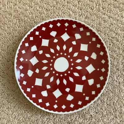Crate & Barrel Christmas Dessert Plate 6.25" Red White Snowflake Holiday Winter - Image 1 of 3