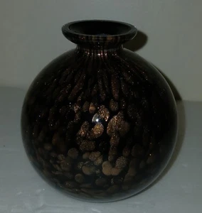 Italienische Murano Stil Kunst Glas Schwarz Kupfer Sommerso Einzelblume Runde Vase - Bild 1 von 10