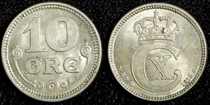 Denmark Christian X Silver 1918 VBP; GJ 10 Øre Last Year UNC KM# 818.1 (23 849) - Picture 1 of 3