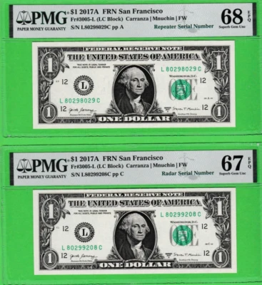 $1  Federal Reserve Notes RADAR & REPEATER Serial 8029-9208 & 8029-8029 PMG 68 - Image 1 of 2