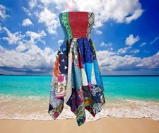 Women’s Boho Patchwork Sundress, Blue Summer Patchwork Dress, Hippie Dress S/M