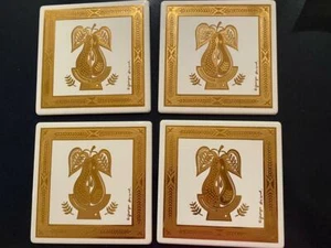 Georges Briard Enamel Metal MCM Set 4 Tile Gold Pear NOS Signed Trivet Wall - Bild 1 von 7