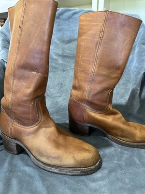 Vintage 70s Men's 11 D Frye 2556 Black Label Orange/Tan Leather 15" Campus Boots - Image 1 of 4