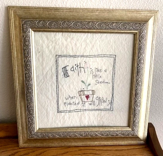 Vtg Handmade Embroidered Picture 12 x 12 Framed "Faith is Like a Little Seed..." - Image 1 of 4