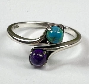 Minimalist Sterling Round Turquoise & Amethyst gemstone Ring Artisan Made 925 - Picture 1 of 8