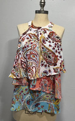 New York & Company Halter Neck Ruffled Sleeveless Top Floral Paisley Womens S - Image 1 of 4