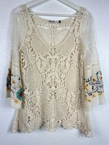 ORIGAMI by Vivien Crochet Pullover w/Embroidered Bell Sleeves Boho - Picture 1 of 16