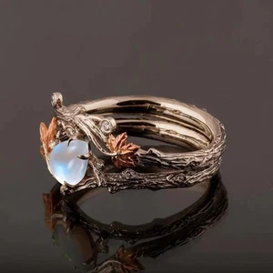 Vintage Antique Gold Twig Maple Leaf Moonstone Ring Light Luxury Rings Gifts_H - Picture 1 of 6