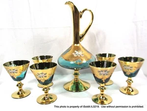 7-PC VINTAGE MURANO Teal BLAU, GOLD GLÄSER & KARAFFE SET Venezianisch Handbemalt - Bild 1 von 9