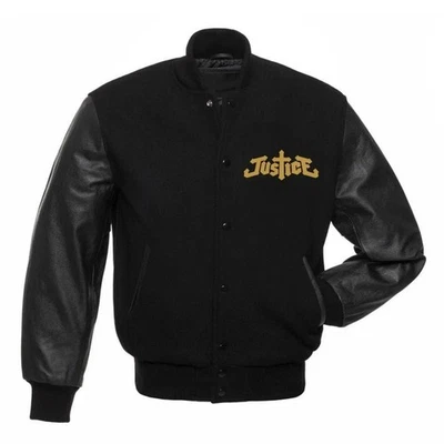 Men's Letterman Justice Cross All Black Wool and Leather Varsity Baseball Jacket - Image 1 of 3