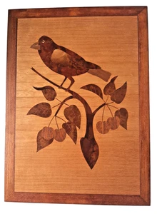 Cuadro de madera pájaro pinzón cerezo roble nuez haya incrustación vintage único arce - Imagen 1 de 7