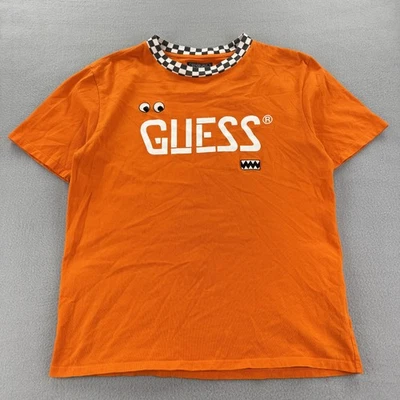 Guess Shirt Mens Medium Orange Checker Collar Graphic Eyes Teeth Logo Tee - Image 1 of 4